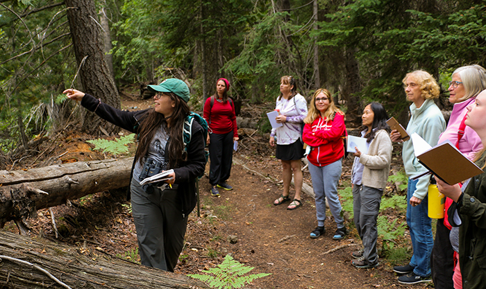 People on a nature hike in the forest with instructor pointing to trees